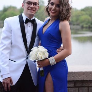 Blue high slit, low neck prom dress